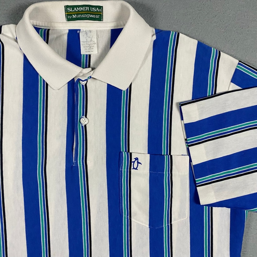 Slammer USA Munsingwear Polo Shirt Mens L Blue White Striped Vintage‎ 90s